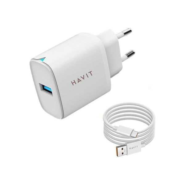 شاحن هافيت ST922 USB-A بقوة 22.5 واط مع كابل USB-C باللون الأبيض - ضمان رسمي لمدة عام واحد